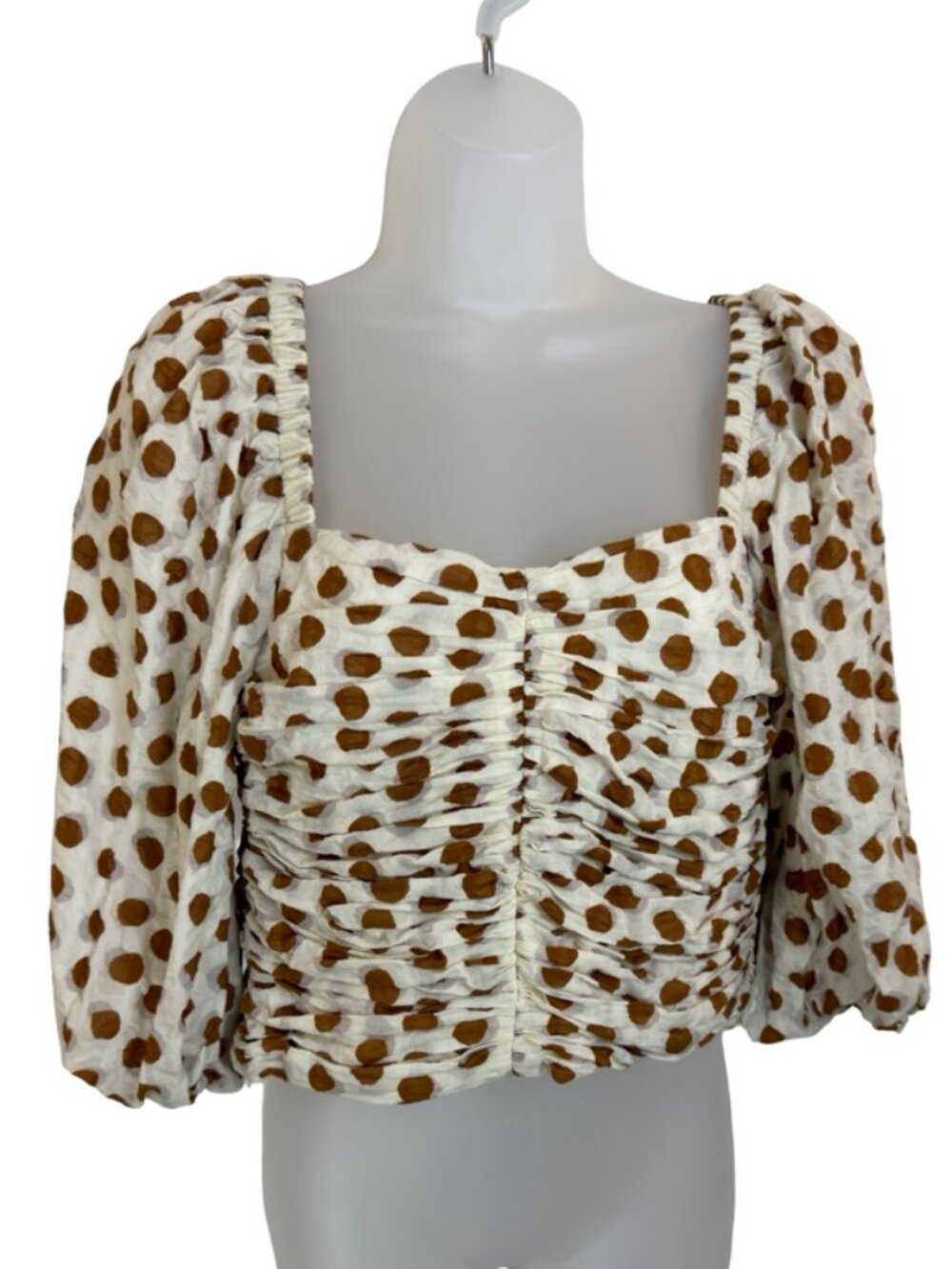 Mango Ruched Off White & Brown Polka Dot Top Size Large